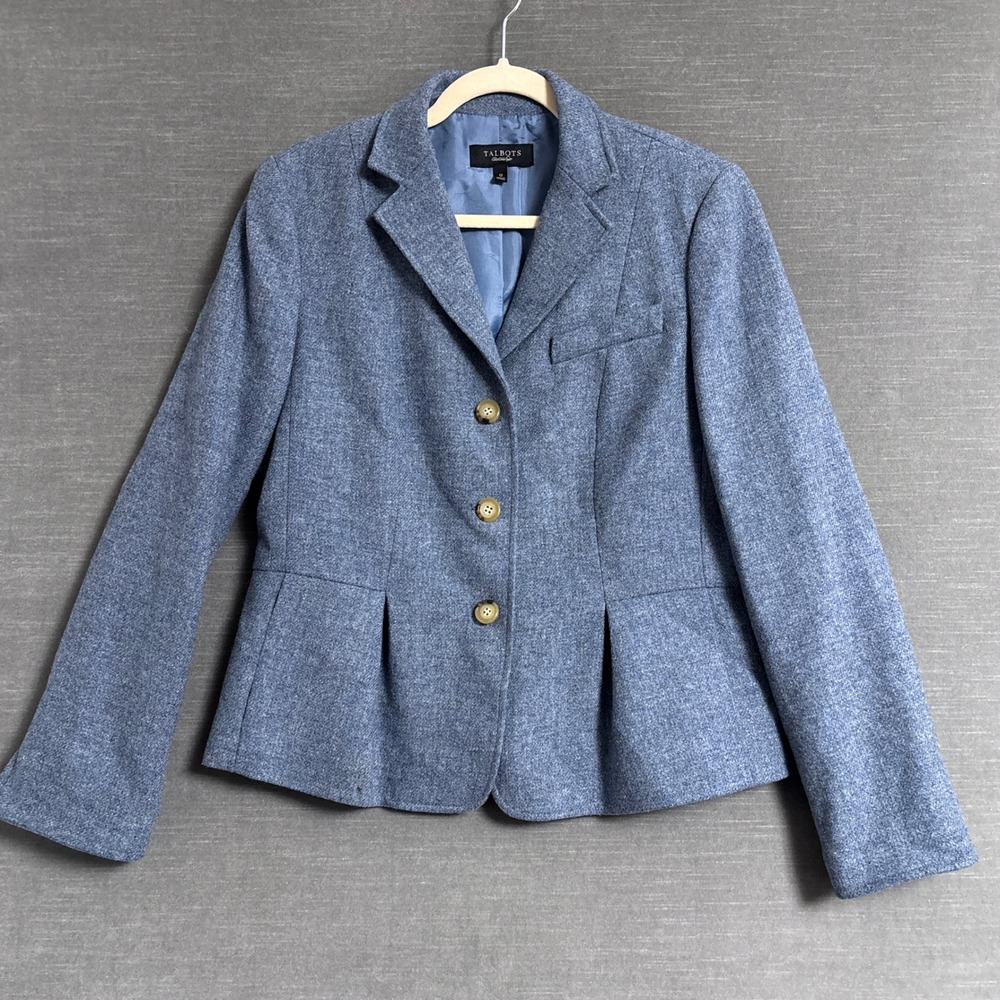 Talbots Blazer 12 Blue Wool Tweed Peplum Tailored Jacket Layering Career Classic